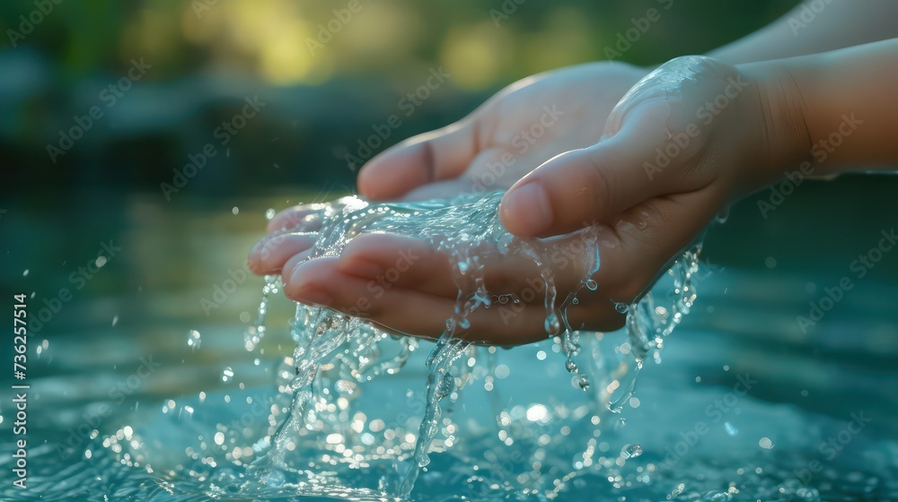Serene Moment of Hands Cupping Sparkling Water in a Tranquil Outdoor Setting Serene Moment of Hands Cupping Sparkling Water in a Tranquil Outdoor Setting
