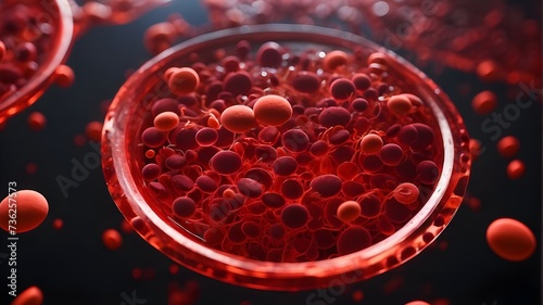 red blood cells flowing through microscope, Blood plasma with red platelets 