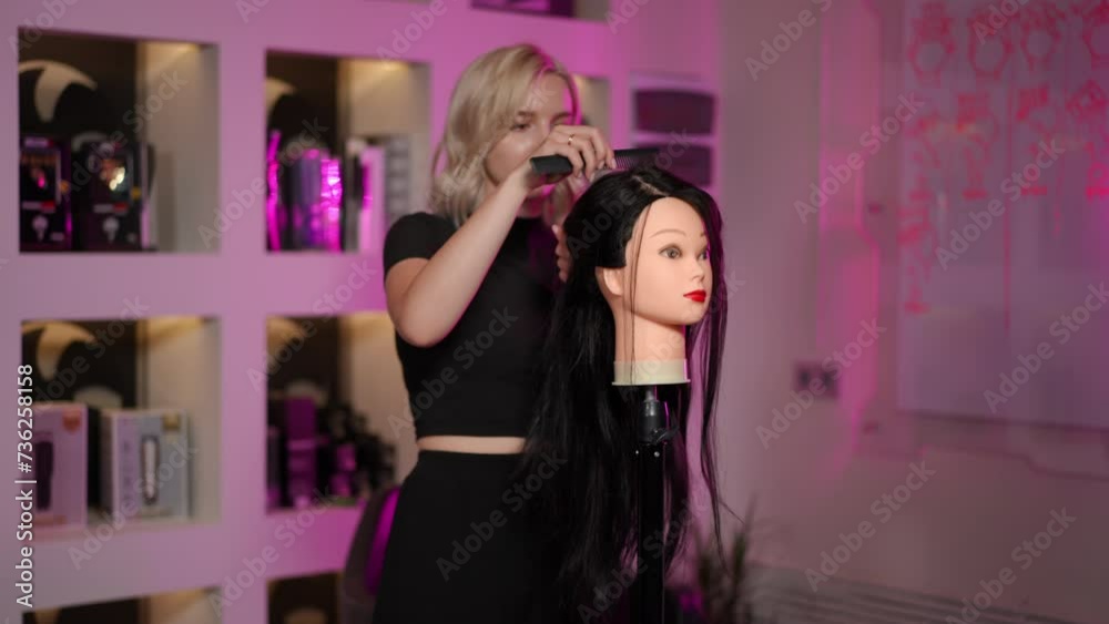A beautiful girl hairdresser stylist models a hairstyle design, using a wig dressed on a mannequin and looks at the result in the mirror. Slow motion A beautiful girl hairdresser stylist models a hairstyle design, using a wig dressed on a mannequin and looks at the result in the mirror. Slow motion