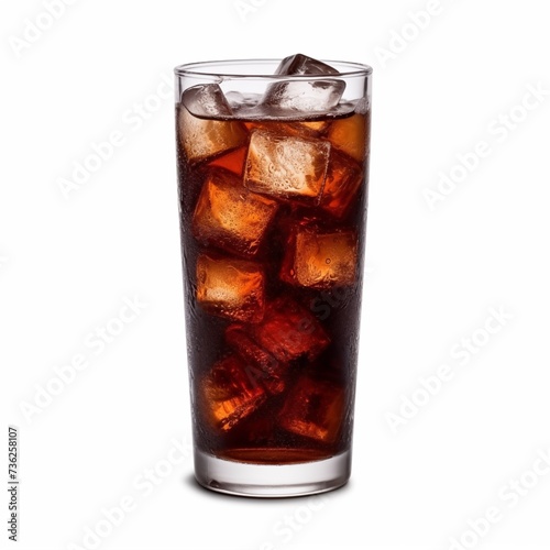 Glass of cola with ice cubes on white background
