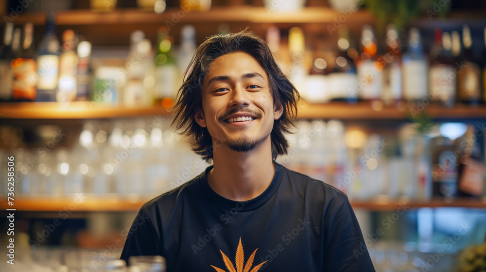 Handsome asian man bartender smiling while working in a local bar. Owner of local pub in asia. 