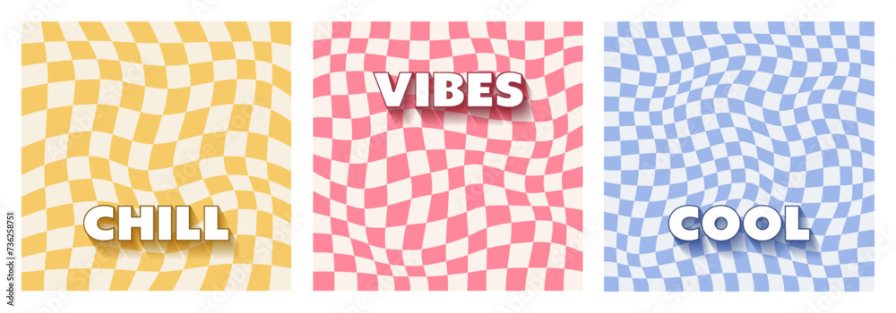 Retro groovy 70s backgrounds. Twisted and distorted chessboards. Funky hippie fashion texture in trendy retro psychedelic style. Vector illustration Retro groovy 70s backgrounds. Twisted and distorted chessboards. Funky hippie fashion texture in trendy retro psychedelic style. Vector illustration