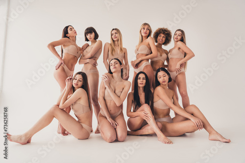 Studio no retouch photo of sexy adorable ladies dressed lingerie embracing enjoying women rights isolated beige color wall background