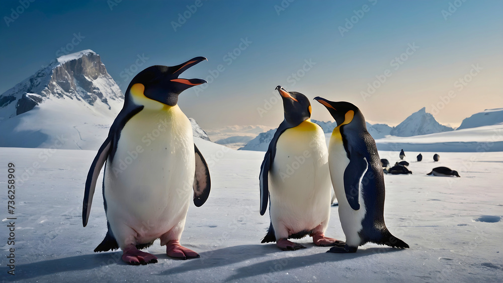 Fototapeta premium A nice picture of penguins, in their natural icy environment, hanging out with each other and watching the sunset.