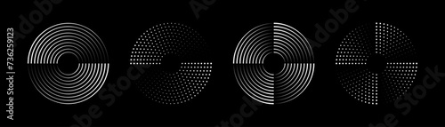 Set of speed lines in circle form. Halftone dotted speed lines. Abstract geometric circles with rotating radial lines. Design element for logo, prints, template or posters. Vector illustration
