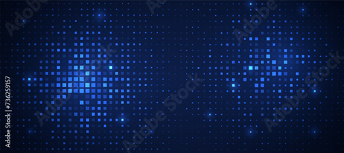 Abstract futuristic technology square pattern with glowing lights, square elements on dark blue background.