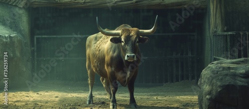 Strong bull standing proudly in a dirt covered enclosure on a sunny day