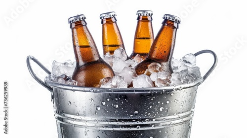 cold bottles of beer in bucket with ice photo