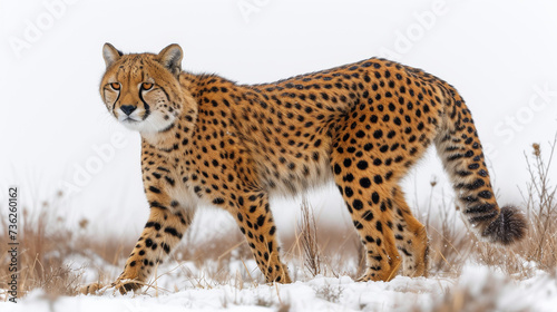 A majestic cheetah braves the wintry landscape, a symbol of strength and resilience in the wild world of big cats