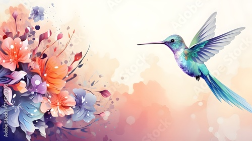 Flying hummingbird web banner. National Hummingbird Day. Flying hummingbird with flowers background. Small colorful bird in flight