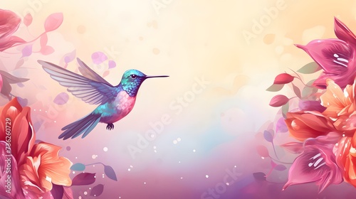 Flying hummingbird web banner. National Hummingbird Day. Flying hummingbird with flowers background. Small colorful bird in flight © Ziyan