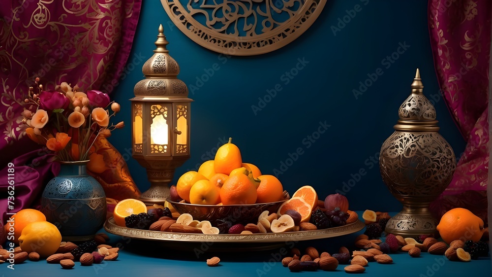 Gorgeous backdrop featuring a date on a plate and a lamp, with a Ramadan theme, Gorgeous backdrop including a lamp and a platter of dried fruits with a Ramadan theme