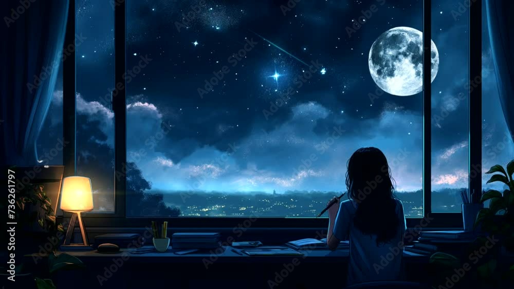 Girl looking at window with starry night sky view,for lofi background music. seamless looping 4k time-lapse animation video background