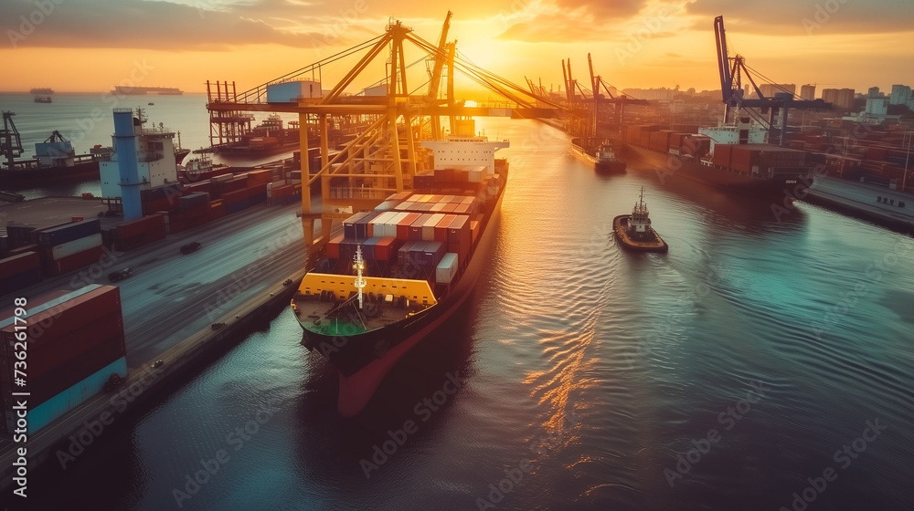 Panoramic shot of an industrial harbor with cargo ships being loaded and unloaded, cranes in motion, emphasizing global trade and logistics
