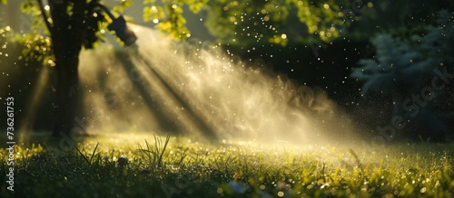Refreshingly cool spoonful of water splashing on vibrant green freshly cut lawn