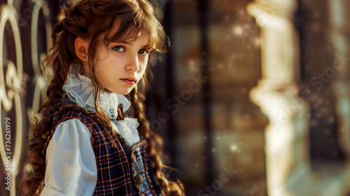 Portrait of a girl against the background of an old school, serious look at the camera, concept of steampunk style and back to school, warm autumn sunny day, copy space for idea