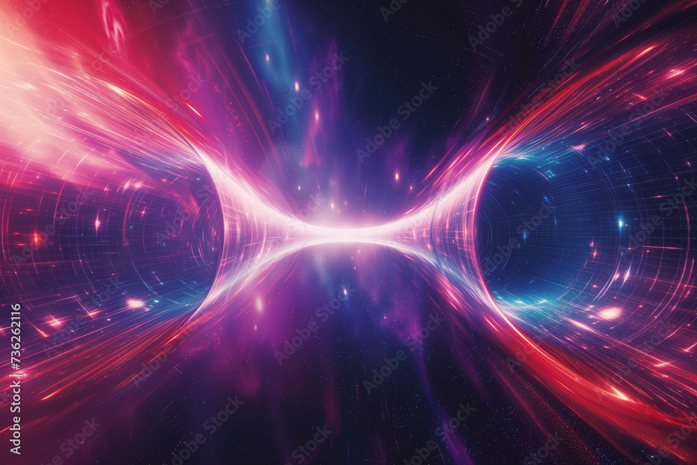 Wormhole connecting two different points in the universe, a bright tunnel of energy between two disparate cosmic landscapes, emphasizing the bridge-like nature of wormholes in theoretical physics - obrazy, fototapety, plakaty 
