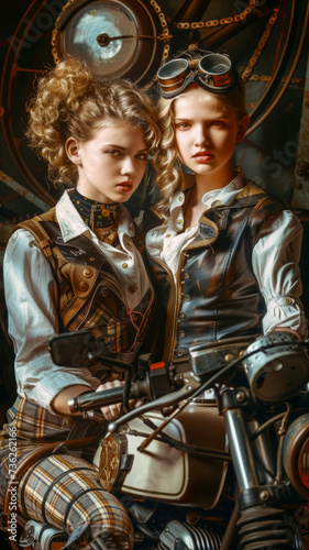 Two college friends on an old motorcycle  vintage steampunk style  idea for a college look or party  vertical poster
