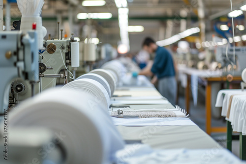 Interior of a textile factory with rows of sewing machines and fabric rolls  workers focusing on garment production  soft lighting to capture the detail and craftsmanship in the industry