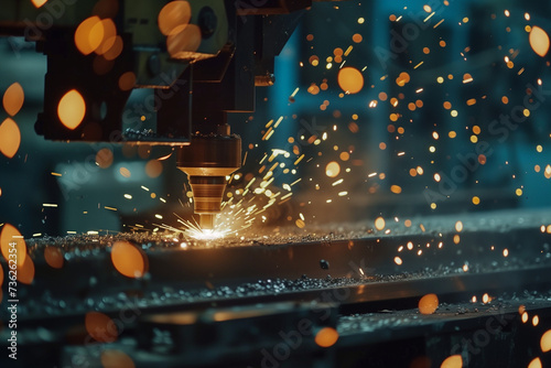 Close-up of machinery in action within a steel manufacturing plant, sparks flying as metal is forged, highlighting the power and precision of industrial processes