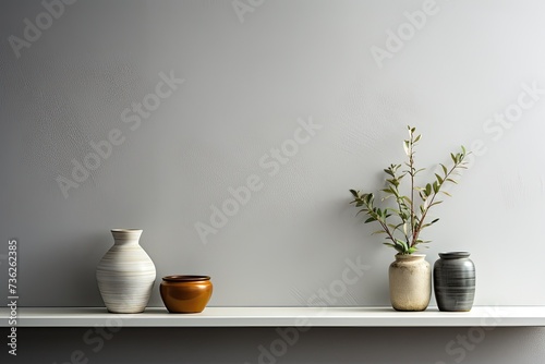 Clean and modern setting featuring an empty white shelf on a monochromatic grey wall  ideal for product mock up display