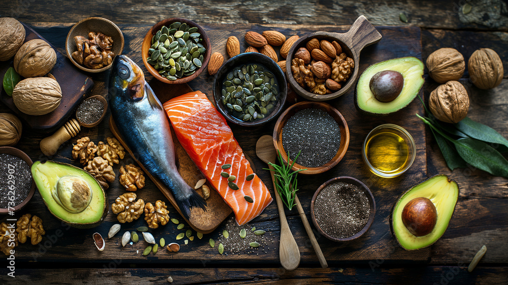Assortment of foods high in omega-3 fatty acids including walnuts, chia seeds, and avocados arranged on a rustic table, showcasing the variety of sources - obrazy, fototapety, plakaty 