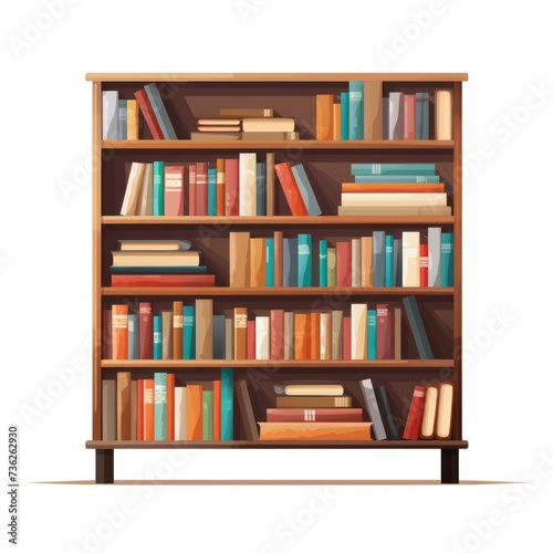 Bookshelf flat cartoon illustration on white background. Bookshelves full of books both in library