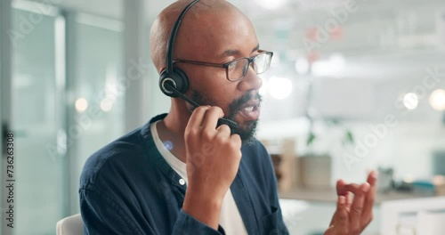 Business, telemarketing and customer service with black man, communication and connection in workplace. African person, employee or insurance agent with help or tech support with consultant or advice photo