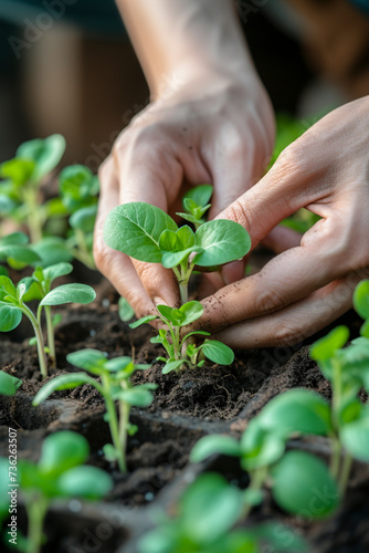 Close-up of hands tending potted seedlings