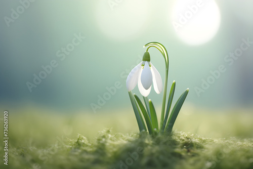 Snowdrops flowers in the snow in garden or forest. First wild flower in sunlight. Spring concept. Floral background for greeting card, banner, Women's day with copy space photo