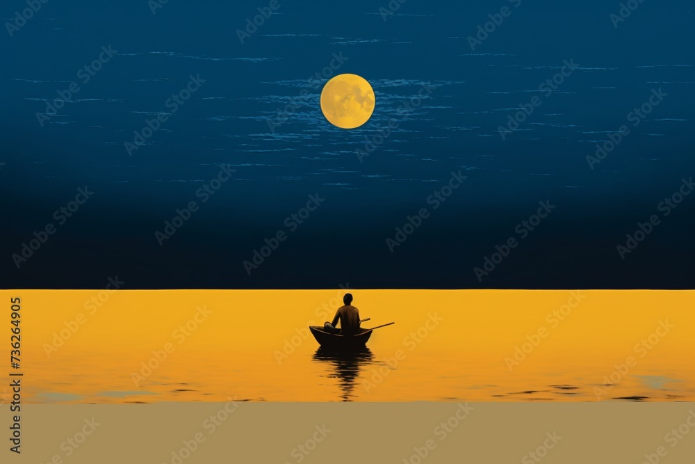 a man in a boat on water with a full moon in the sky