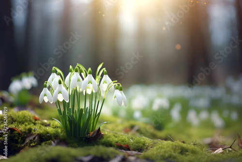 Snowdrops flowers in the snow in garden or forest. First wild flower in sunlight. Spring concept. Floral background for greeting card, banner, Women's day with copy space photo