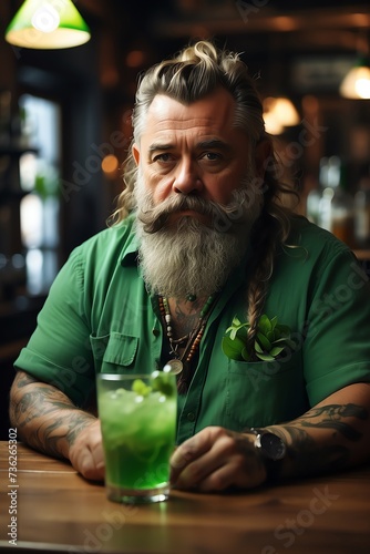 Generative AI. A Man Dwarf Drinking a Tropical Green Cocktail in a Pub