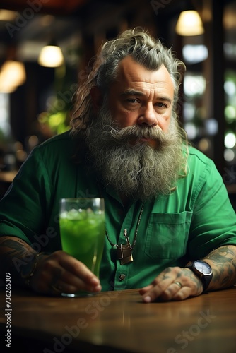 Generative AI. A Man Dwarf Drinking a Tropical Green Cocktail in a Pub