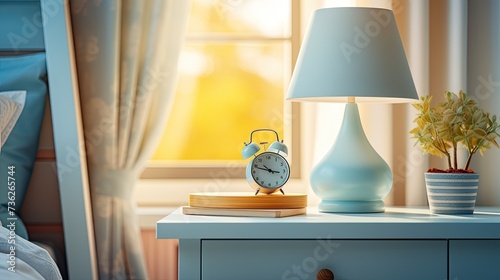 Pastel blue nightstand with lamp and a stack of pastel-covered journals © neirfy