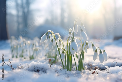 Snowdrops flowers in the snow in garden or forest. First wild flower in sunlight. Spring concept. Floral background for greeting card, banner, Women's day with copy space photo