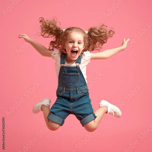 Full body image of funny little girl, happy little girl jumping and having fun on pink background