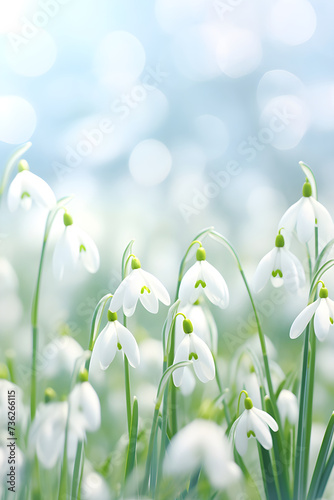 Snowdrops flowers in the snow in garden or forest. First wild flower in sunlight. Spring concept. Floral background for greeting card, banner, Women's day with copy space photo