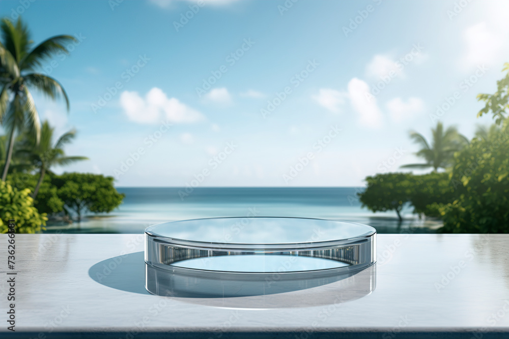 A glass podium with reflections near an island background. (Generative AI)