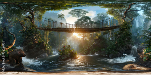 360 degree view of an illustrated jungle. A rope bridge leads over a river. Waterfalls and tropical plants. A small monkey sits on the rocks. photo