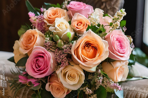 A bouquet with pastel-toned roses, a flower you want to give as a gift on a happy day