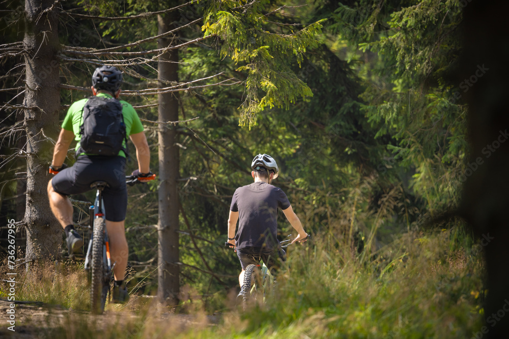 Okolice schroniska na Przehybie w Paśmie Radziejowej. Rowerzyści na szlaku.