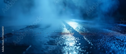 Dark street, wet asphalt, reflections of rays in the water. Abstract dark blue background, smoke, smog photo