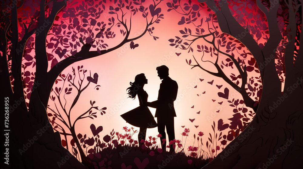 paper cut  of two man and woman couple lover silhouette in love in flower blossom