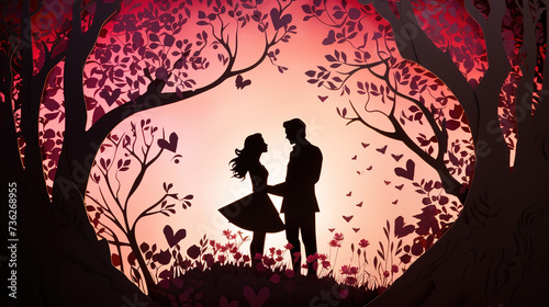paper cut of two man and woman couple lover silhouette in love in flower blossom