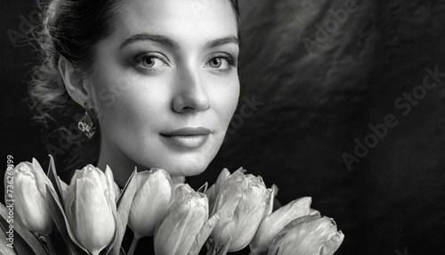 Portrait of a woman with tulips on a dark background photo