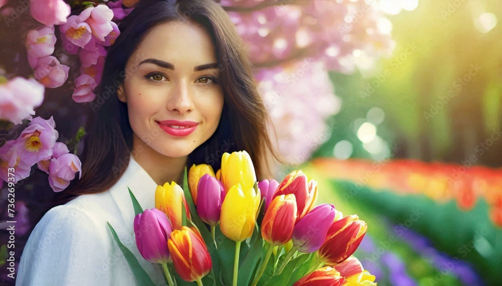 Obraz premium Portret młodej kobiety z bukietem tulipanów. W tle kwitnące drzewo. Dzień kobiet, wiosenne tło