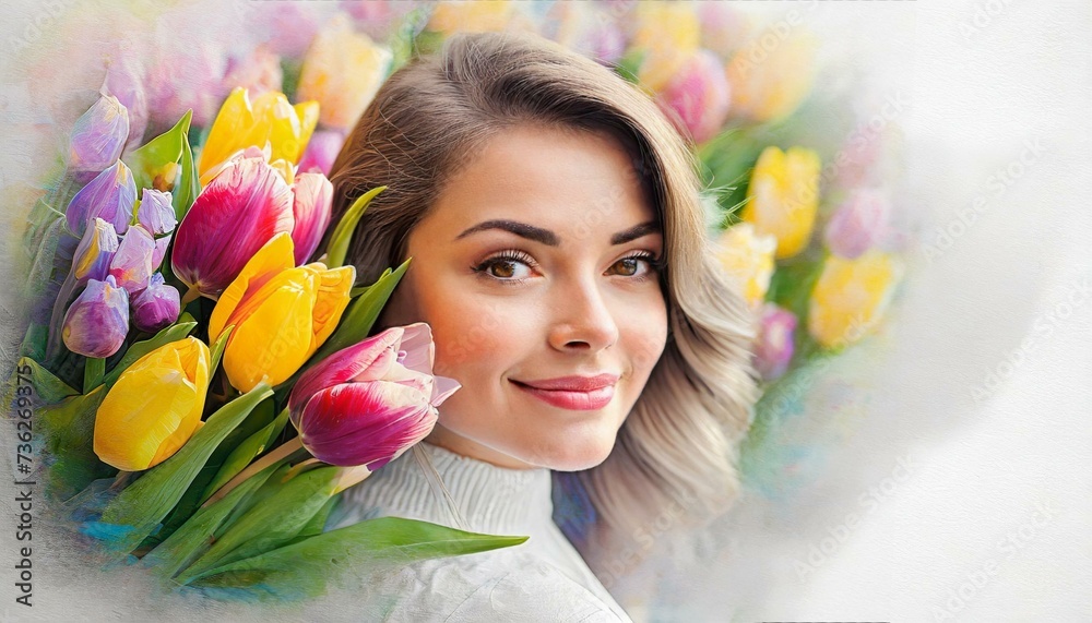 Kobieta z tulipanami. Dzień Kobiet - obrazy, fototapety, plakaty 