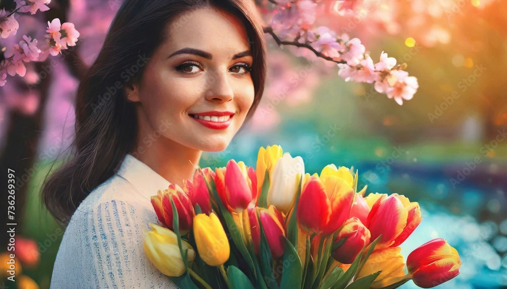 Naklejka premium Portret młodej kobiety z bukietem tulipanów. W tle kwitnące drzewo. Dzień kobiet, wiosenne tło