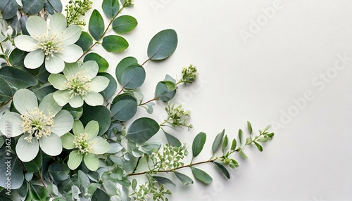 Eucalyptus twigs, shoots and flowers on a white background. Natural background with space for text © Monika